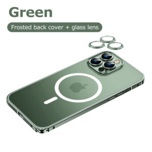 Luxury Premium Magsafe Magnetic Aluminum Metal Case Cover and 3D Glass Protector for iPhone 14 Pro Max - Green