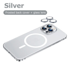 Luxury Premium Magsafe Magnetic Aluminum Metal Case Cover and 3D Glass Protector for iPhone 14 Pro Max - Silver