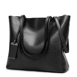 Waxing Leather bucket Double strap Pu Leather shoulder Women Handbag - Black