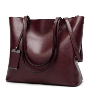 Waxing Leather bucket Double strap Pu Leather shoulder Women Handbag - Red Wine
