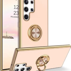 Luxury Premium Eletroplated Finger Ring Case Cover For Samsung Galaxy S22 Ultra - Beige