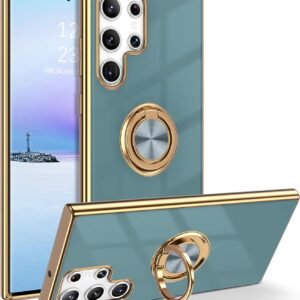 Luxury Premium Eletroplated Finger Ring Case Cover For Samsung Galaxy S22 Ultra - Dark Green