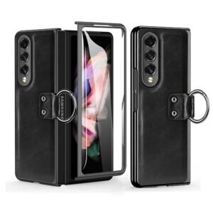 Luxury Premium Finger Horse Ring holder leather cover case for Samsung Galaxy Z Fold 5 - Black