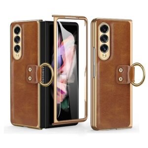 Luxury Premium Finger Horse Ring holder leather cover case for Samsung Galaxy Z Fold 5 - Brown