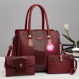 Luxury Premium 3 in 1 Fashion Crocodile Crossbody Satchel Shoulder Bag - Maroon