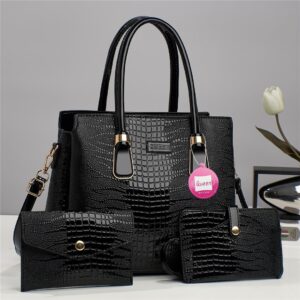 Luxury Premium 3 in 1 Fashion Crocodile Crossbody Satchel Shoulder Bag - Black