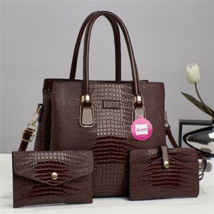 Luxury Premium 3 in 1 Fashion Crocodile Crossbody Satchel Shoulder Bag - Cofee