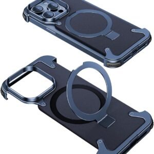 Luxury Premium Luxury Premium Leather Magsafe Ring Holder Invisible Kickstand Bezel Less Metal Slim Hard Ultra Thin Case Cover iPhone 15 Pro Max - Blue