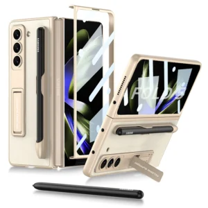 Luxury Premium Ultra Matte Bracket Folding Shockproof Hard With Pen Slot Case Cover For Samsung Galaxy Z Fold 5 - Gold