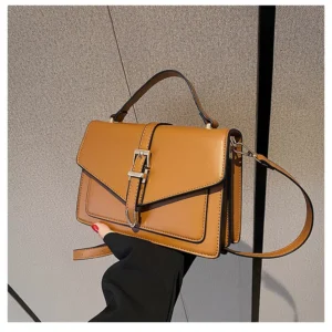 Luxury Premium Solid High Quality Retro PU Leather Women Crossbody Bag - Brown