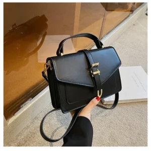 Luxury Premium Solid High Quality Retro PU Leather Women Crossbody Bag - Black