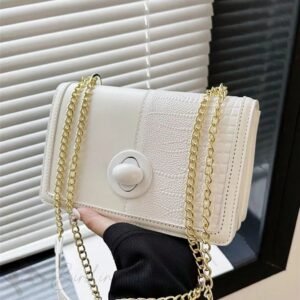 Luxury Premium  vintage Alligator Pattern Chain Square Designer Handbag - Creamy White