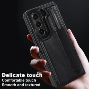 Luxury Premium Rugged Leather Wallet Card Slot Stand Phone with Pen Holder For Samsung Galaxy Z Fold 5 - Black