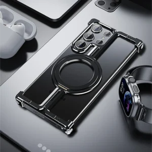 Luxury Magsafe Magnetic Frameless Aluminum Alloy Shockproof Stand Metal Phone Case For Samsung Galaxy S24 Ultra - Black