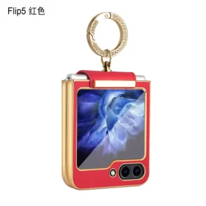 Luxury Premium Matte Plain Leather Glitter Metal Ring Folding Shockproof Case Cover For Samsung Galaxy Z Flip 5 - Red