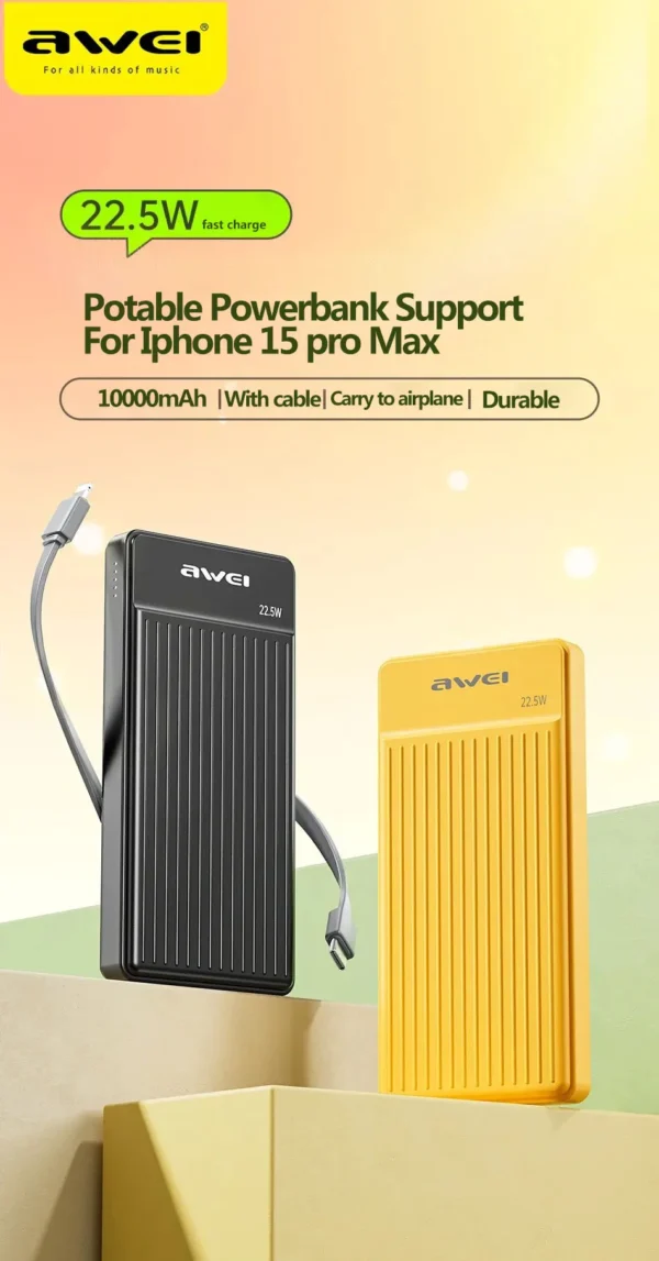 Luxury Premium Awei P88K 22.5W Portable Power Bank 10000mAh With 2 Charging Cable - Image 17