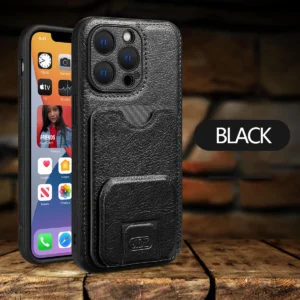Luxury Premium PU leather Multifunction Card Holder Fashion Case Cover For iPhone 15 Pro Max - Black