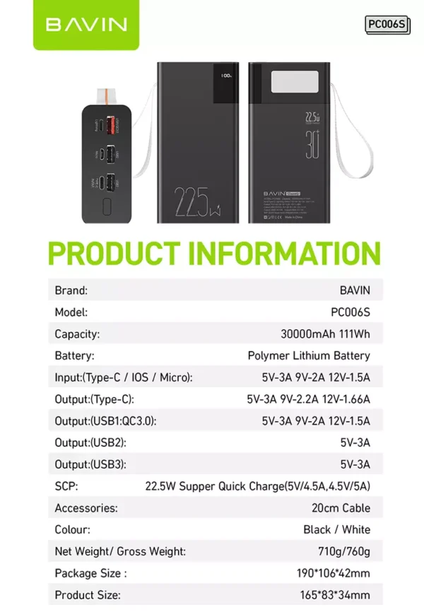 BAVIN PC006S 30000mAh 22.5W Super Fast Charging Powerbank - Image 11