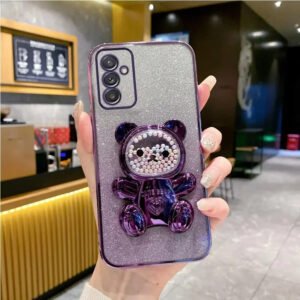 Luxury Premium Eletroplated Glitter Quicksand Cartoon Bear Case Cover and 3D Glass Protector for Samsung Galaxy A Series