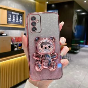 Luxury Premium Eletroplated Glitter Quicksand Cartoon Bear Case Cover and 3D Glass Protector for Samsung Galaxy A Series