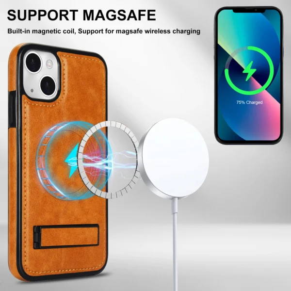 Luxury Premium Leather Invisible Stand Holder  Magsafe Wireless Charging Case Cover For iPhone 14 Plus/15 Plus - Image 7