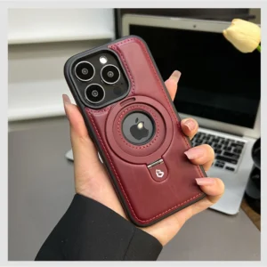 Luxury Premium Faux Leather Invisible Ring Stand Magnetic Phone Case for iPhone Series