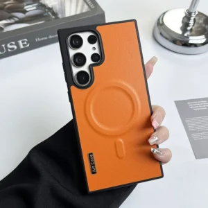 Luxury Premium Business Leather Magnetic Magsafe Wireless Charging Shockproof Case Cover For iPhone 15 Pro Max - Orange