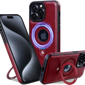 Luxury Premium Faux Leather Invisible Ring Stand Magnetic Phone Case for iPhone Series