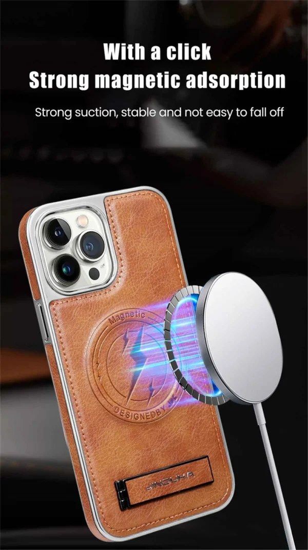 Luxury Premium Leather Invisible Stand Holder  Magsafe Wireless Charging Case Cover For iPhone 15 Pro/15 Pro Max - Image 5