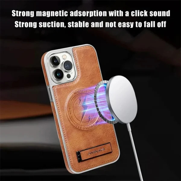 Luxury Premium Leather Invisible Stand Holder  Magsafe Wireless Charging Case Cover For iPhone 15 Pro/15 Pro Max - Image 13