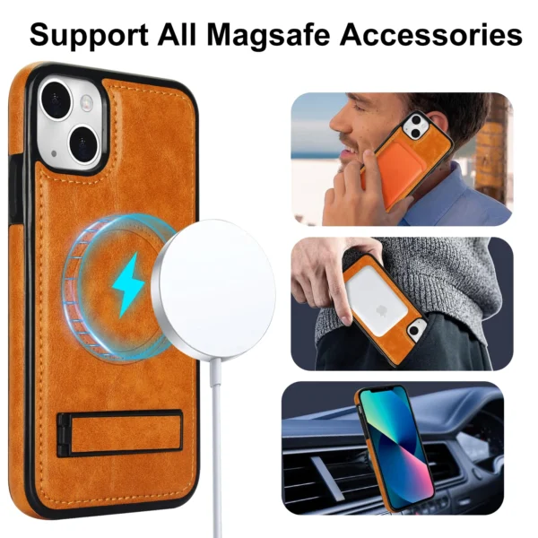 Luxury Premium Leather Invisible Stand Holder  Magsafe Wireless Charging Case Cover For iPhone 14 Plus/15 Plus - Image 9