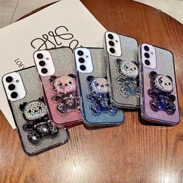 Luxury Premium Eletroplated Glitter Quicksand Cartoon Bear Case Cover and 3D Glass Protector for Samsung Galaxy A Series