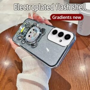 Luxury Premium Eletroplated Glitter Quicksand Cartoon Bear Case Cover and 3D Glass Protector for Samsung Galaxy A Series