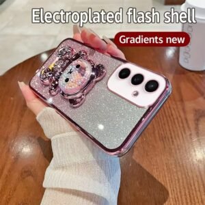 Luxury Premium Eletroplated Glitter Quicksand Cartoon Bear Case Cover and 3D Glass Protector for Samsung Galaxy A Series
