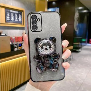 Luxury Premium Eletroplated Glitter Quicksand Cartoon Bear Case Cover and 3D Glass Protector for Samsung Galaxy A Series