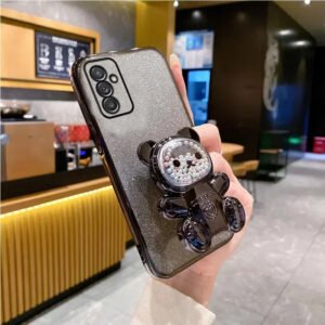 Luxury Premium Eletroplated Glitter Quicksand Cartoon Bear Case Cover and 3D Glass Protector for Samsung Galaxy A Series