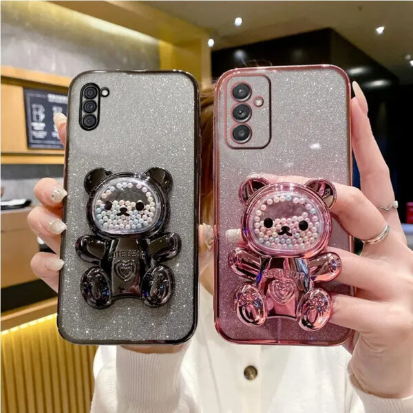 Luxury Premium Eletroplated Glitter Quicksand Cartoon Bear Case Cover and 3D Glass Protector for Samsung Galaxy A Series - Image 13