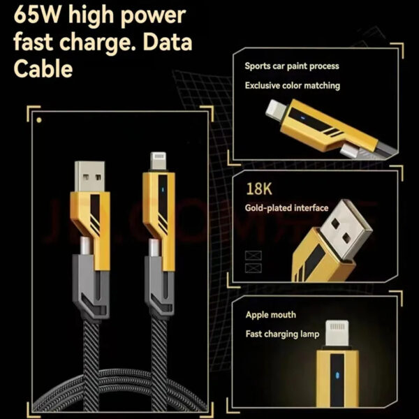 Luxury Premium 4 in 1 65W Fast Charging Lightning Nylon Braided USB Type C Cable - Image 3