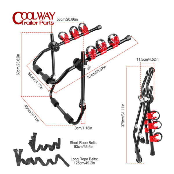 3-Bicycle Sturdy Arm Trunk Mount Bike Carrier Rack Hatchback Rear Holder for AUTO SUV & Cars - Image 5