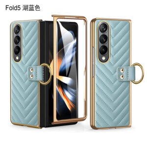 Luxury Premium Diamond air cushion Leather Ring Holder Lens Protection Shockproof Case  Cover For Samsung Galaxy Z Fold 4 - light Blue