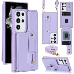 Luxury Premium Crossbody Hand Strap Leather Cover Phone Case for Samsung Galaxy S24 Ultra - Purple