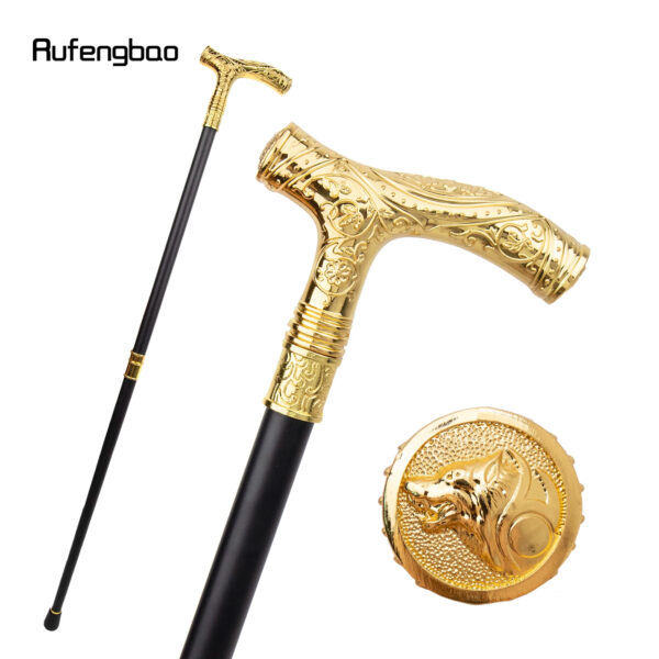 Luxury Premium Golden Wolf Head Flower Totem Relief Walking Stick