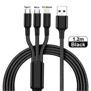 3 In 1 Multi Port USB Type C  Nylon Braided Universal Charging Cable - Black