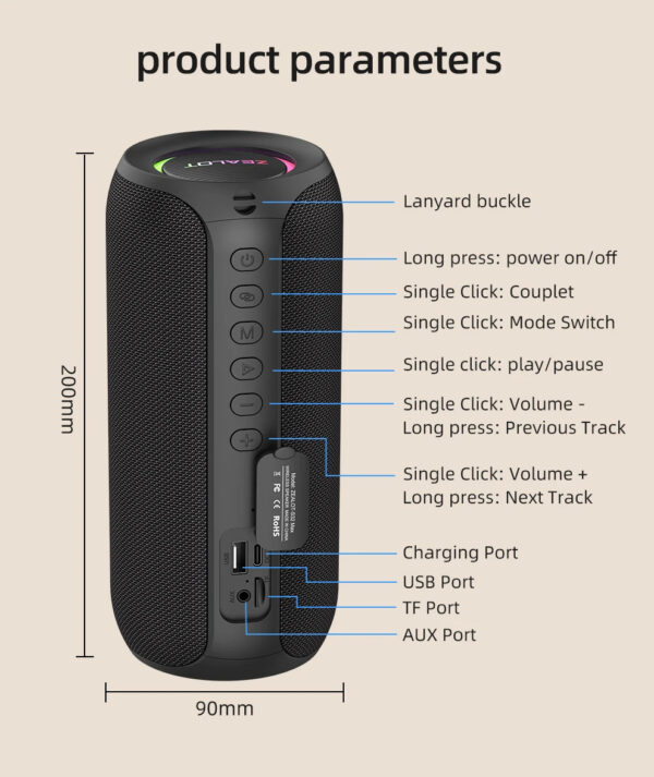 ZEALOT-S32MAX Portable Bluetooth Speaker 20W IPX5 Waterproof Powerful Sound Bluetooth Speaker - Image 11