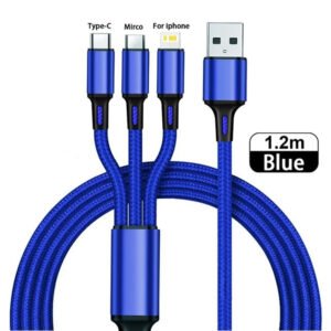 3 In 1 Multi Port USB Type C  Nylon Braided Universal Charging Cable - Blue