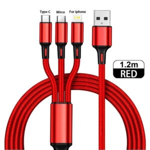 3 In 1 Multi Port USB Type C  Nylon Braided Universal Charging Cable - Red