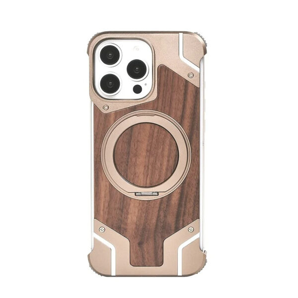 Luxury Premium Walnut Wood Metal Borderless Armor Case 360° Rotating Magnetic Bracket Shockproof Cover For iPhone Series - Image 2