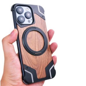Luxury Premium Walnut Wood Metal Borderless Armor Case 360° Rotating Magnetic Bracket Shockproof Cover For iPhone Series