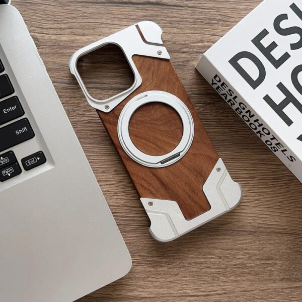 Luxury Premium Walnut Wood Metal Borderless Armor Case 360° Rotating Magnetic Bracket Shockproof Cover For iPhone Series - Image 21