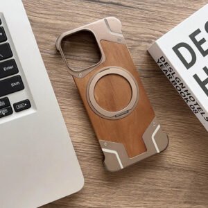Luxury Premium Walnut Wood Metal Borderless Armor Case 360° Rotating Magnetic Bracket Shockproof Cover For iPhone Series